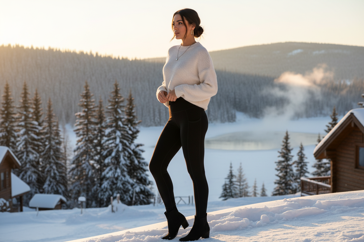 Elegante junge Frau trägt schwarze figurformende Thermo fleece-Leggings, steht seitlich oder leicht schräg zur Kamera, betont Taille und Beine dezent. Winterlandschaft im Hintergrund, warmes Licht, modisch und stilvoll, hochwertige Lifestyle-Fotografie, keine aufreizende Pose, sondern selbstbewusst und ästhetisch.